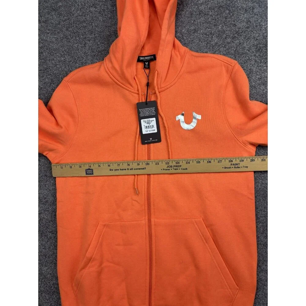 True Religion Hoodie Mens Small Orange Full Zip Fleece Sweatshirt Buddha Graphic